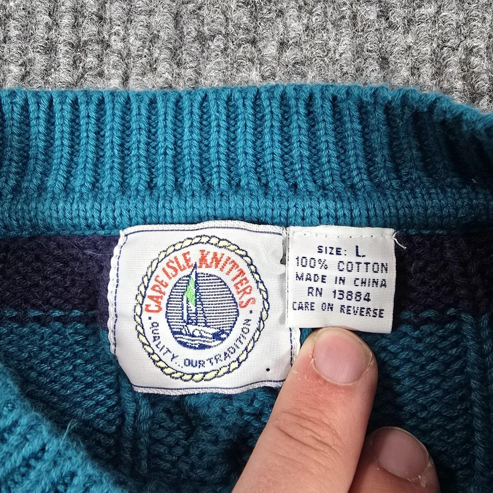 Cape Isle Knitters Sweater Mens Large Blue‎ Cable Knit Stripe Cotton Pullover